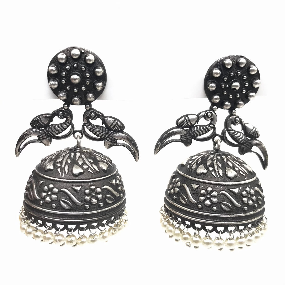 Oxidized Silver Jhumka Earrings Pearl Dangle Indian Garba Jewelry EAR-7531