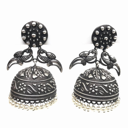 Oxidized Silver Jhumka Earrings Pearl Dangle Indian Garba Jewelry EAR-7531