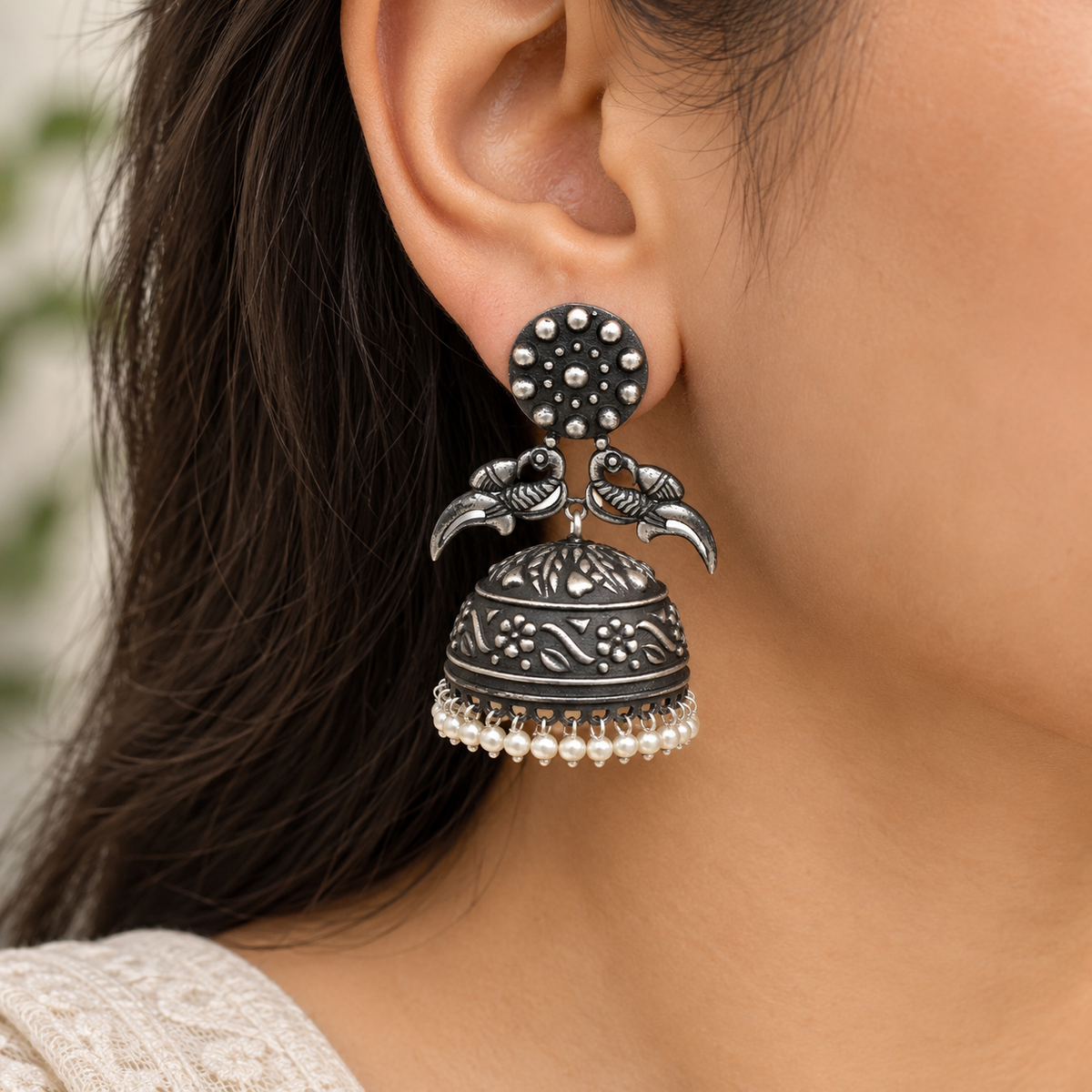 Oxidized Silver Jhumka Earrings Pearl Dangle Indian Garba Jewelry EAR-7531