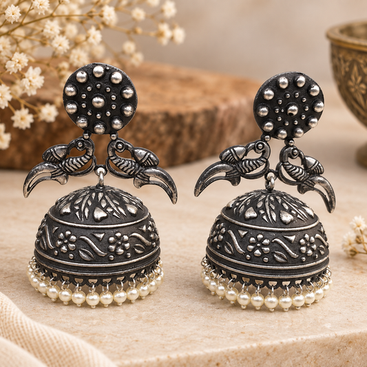 Oxidized Silver Jhumka Earrings Pearl Dangle Indian Garba Jewelry EAR-7531