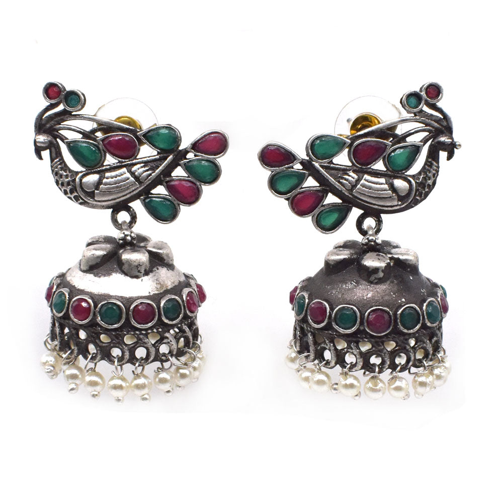 Oxidized Silver Jhumka Earrings Multicolor Floral Peacock Boho Jewelry EAR-7649