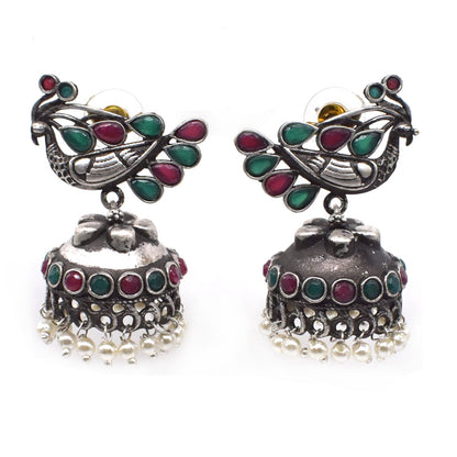 Oxidized Silver Jhumka Earrings Multicolor Floral Peacock Boho Jewelry EAR-7649