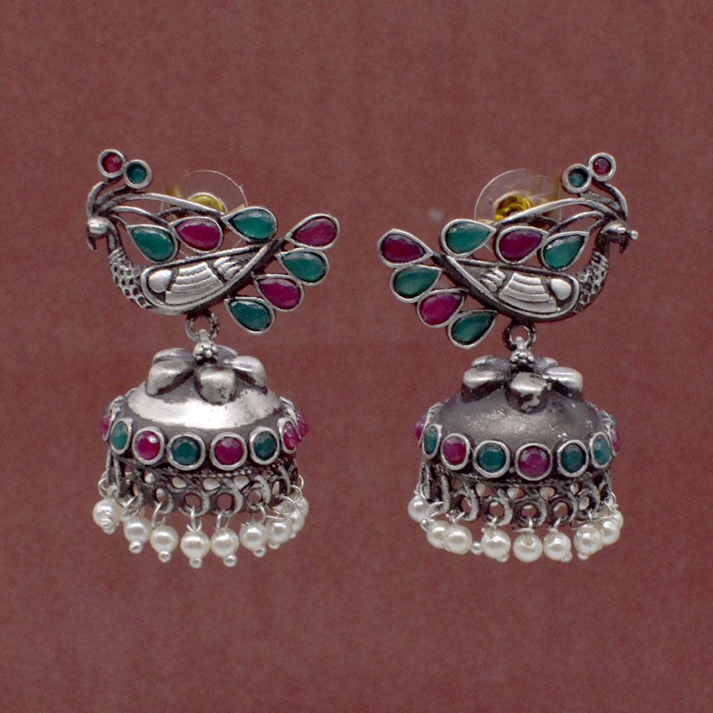 Oxidized Silver Jhumka Earrings Multicolor Floral Peacock Boho Jewelry EAR-7649