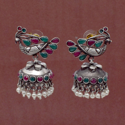 Oxidized Silver Jhumka Earrings Multicolor Floral Peacock Boho Jewelry EAR-7649