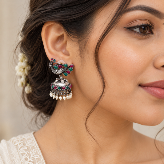 Oxidized Silver Jhumka Earrings Multicolor Floral Peacock Boho Jewelry EAR-7649