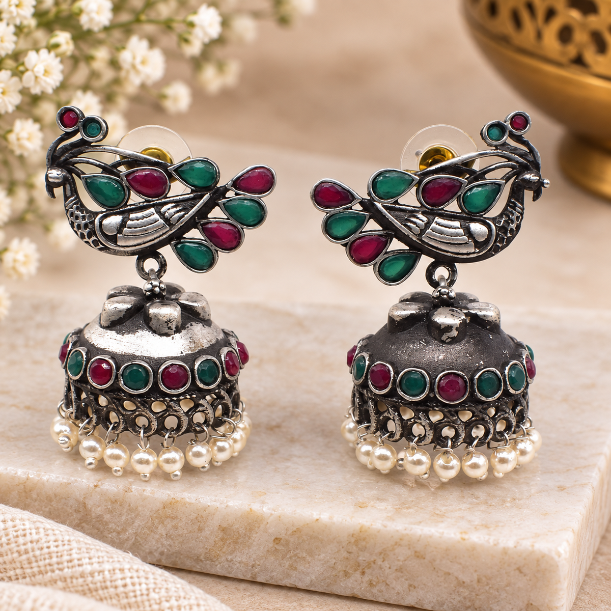 Oxidized Silver Jhumka Earrings Multicolor Floral Peacock Boho Jewelry EAR-7649