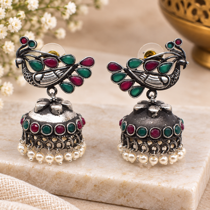 Oxidized Silver Jhumka Earrings Multicolor Floral Peacock Boho Jewelry EAR-7649