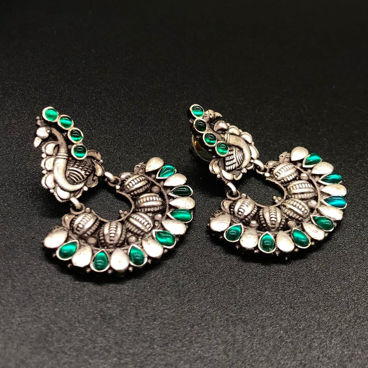 Oxidized Silver Peacock Earrings, Green Stone Tribal Boho Statement Jewelry EAR-7650
