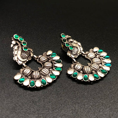 Oxidized Silver Peacock Earrings, Green Stone Tribal Boho Statement Jewelry EAR-7650