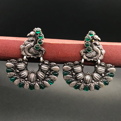 Oxidized Silver Peacock Earrings, Green Stone Tribal Boho Statement Jewelry EAR-7650