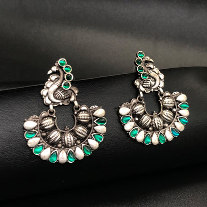Oxidized Silver Peacock Earrings, Green Stone Tribal Boho Statement Jewelry EAR-7650