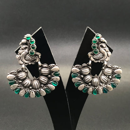 Oxidized Silver Peacock Earrings, Green Stone Tribal Boho Statement Jewelry EAR-7650