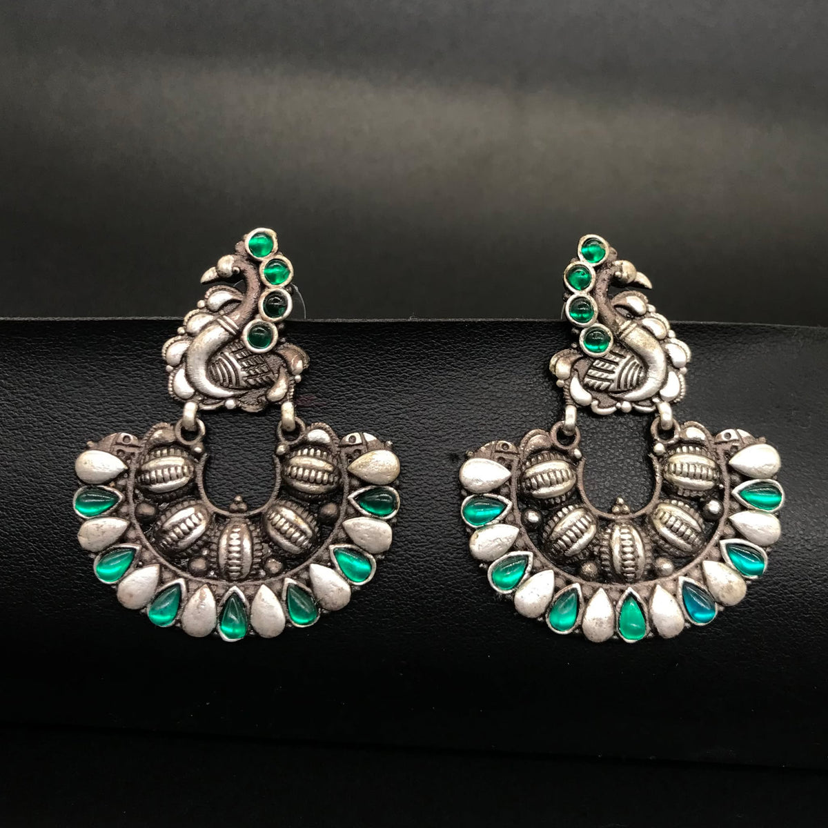 Oxidized Silver Peacock Earrings, Green Stone Tribal Boho Statement Jewelry EAR-7650