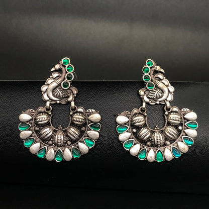 Oxidized Silver Peacock Earrings, Green Stone Tribal Boho Statement Jewelry EAR-7650