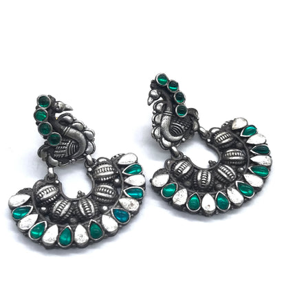 Oxidized Silver Peacock Earrings, Green Stone Tribal Boho Statement Jewelry EAR-7650