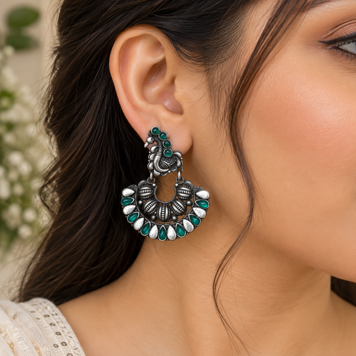 Oxidized Silver Peacock Earrings, Green Stone Tribal Boho Statement Jewelry EAR-7650