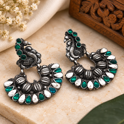 Oxidized Silver Peacock Earrings, Green Stone Tribal Boho Statement Jewelry EAR-7650