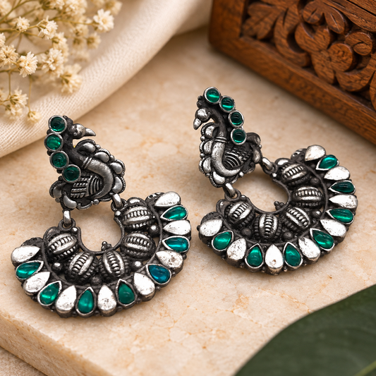 Oxidized Silver Peacock Earrings, Green Stone Tribal Boho Statement Jewelry EAR-7650