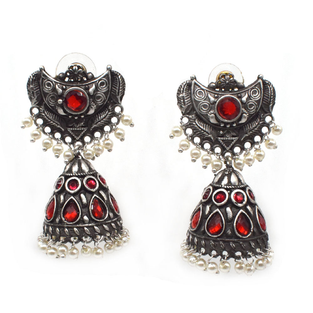 Ruby Jhumka Earrings Pearl Dangle Oxidized Silver Tone Indian Jewelry EAR-7651