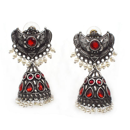 Ruby Jhumka Earrings Pearl Dangle Oxidized Silver Tone Indian Jewelry EAR-7651