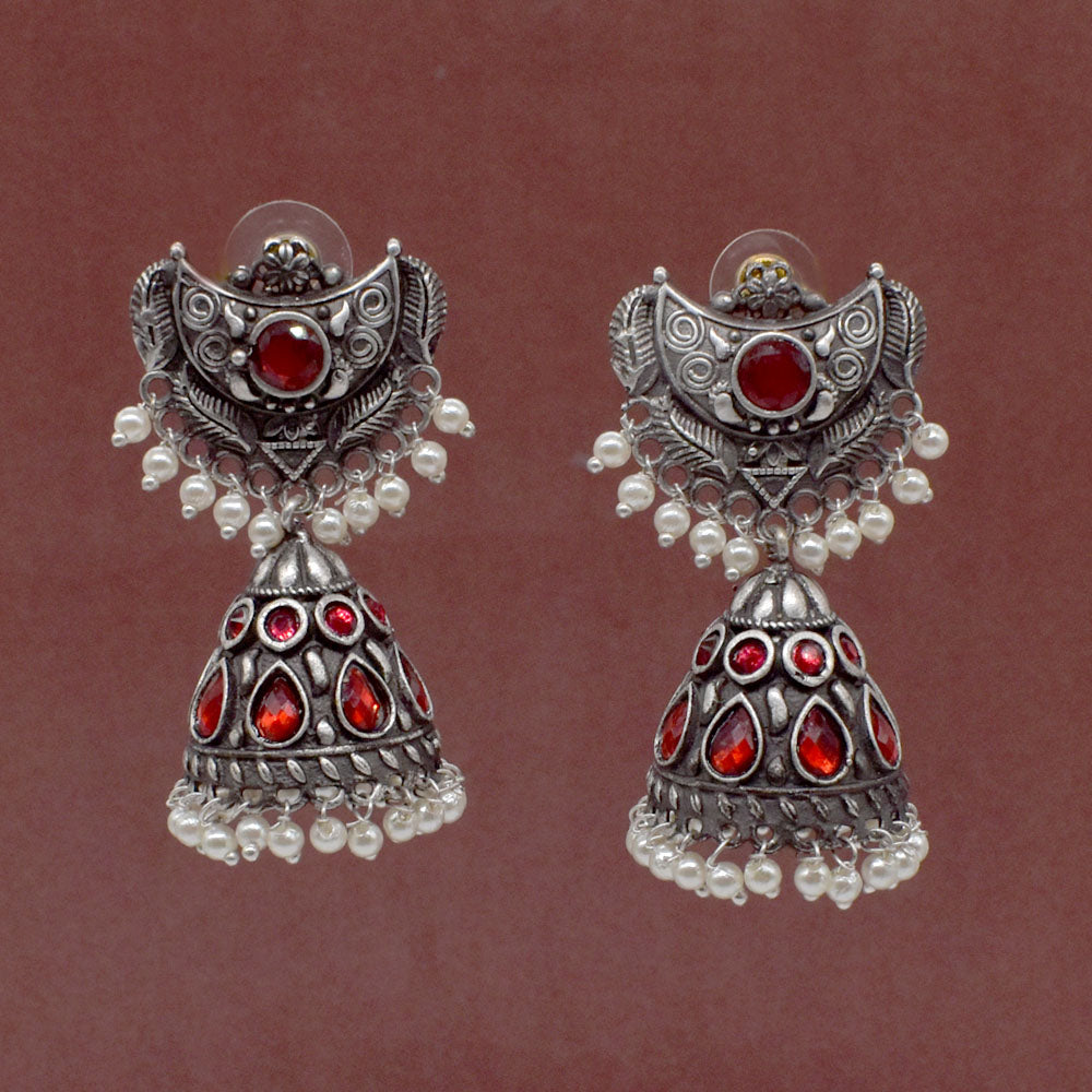 Ruby Jhumka Earrings Pearl Dangle Oxidized Silver Tone Indian Jewelry EAR-7651