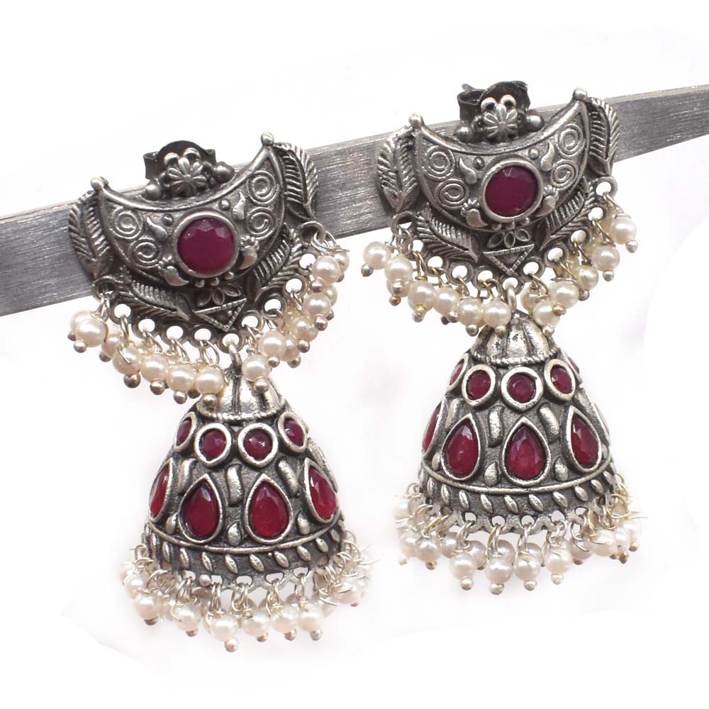 Ruby Jhumka Earrings Pearl Dangle Oxidized Silver Tone Indian Jewelry EAR-7651
