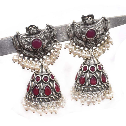 Ruby Jhumka Earrings Pearl Dangle Oxidized Silver Tone Indian Jewelry EAR-7651