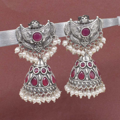 Ruby Jhumka Earrings Pearl Dangle Oxidized Silver Tone Indian Jewelry EAR-7651