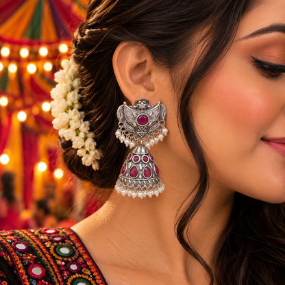 Ruby Jhumka Earrings Pearl Dangle Oxidized Silver Tone Indian Jewelry EAR-7651