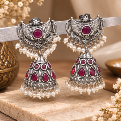 Ruby Jhumka Earrings Pearl Dangle Oxidized Silver Tone Indian Jewelry EAR-7651
