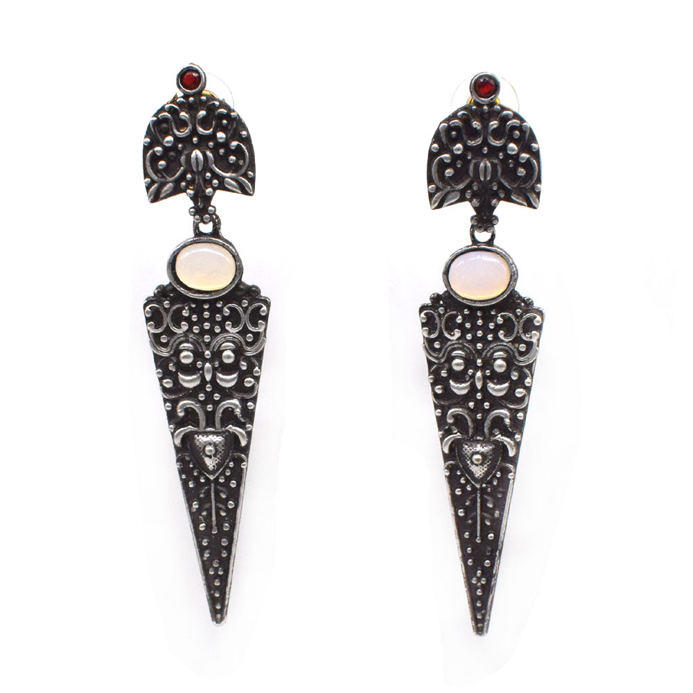 Moonstone Dangle Earrings Ornate Silver Tone Vintage Boho Jewelry EAR-7653