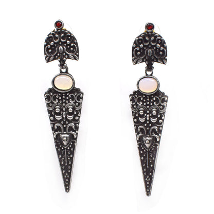 Moonstone Dangle Earrings Ornate Silver Tone Vintage Boho Jewelry EAR-7653