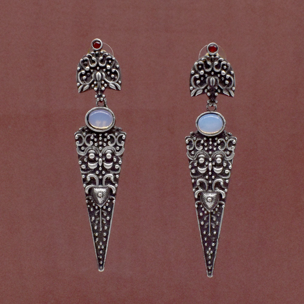 Moonstone Dangle Earrings Ornate Silver Tone Vintage Boho Jewelry EAR-7653