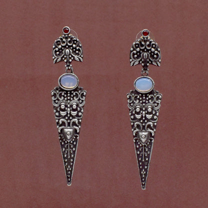 Moonstone Dangle Earrings Ornate Silver Tone Vintage Boho Jewelry EAR-7653