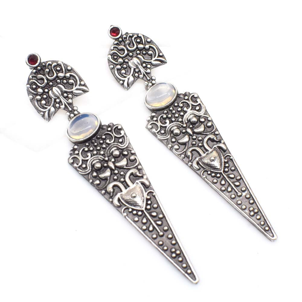 Moonstone Dangle Earrings Ornate Silver Tone Vintage Boho Jewelry EAR-7653