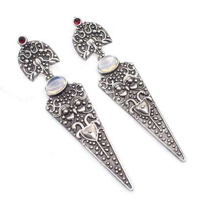 Moonstone Dangle Earrings Ornate Silver Tone Vintage Boho Jewelry EAR-7653
