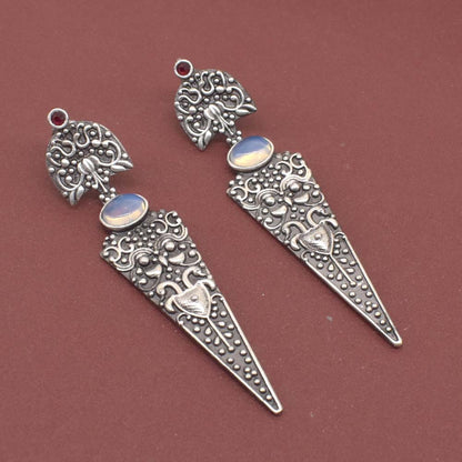 Moonstone Dangle Earrings Ornate Silver Tone Vintage Boho Jewelry EAR-7653