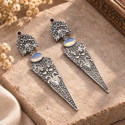 Moonstone Dangle Earrings Ornate Silver Tone Vintage Boho Jewelry EAR-7653