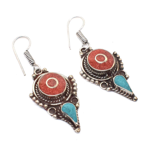 Red Coral Turquoise Gemstone Tibetan Jewelry Wedding Hook Earring 1.5" EAR-7696