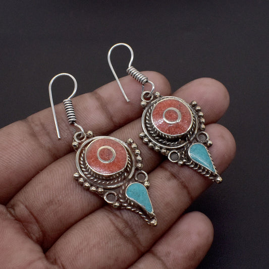 Red Coral Turquoise Gemstone Tibetan Jewelry Wedding Hook Earring 1.5" EAR-7696