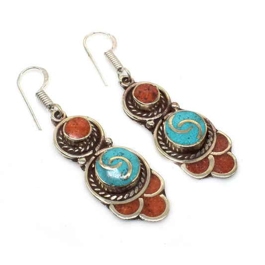 Newest Red Coral Turquoise Gemstone Stylish Tibetan Jewelry Earring 1.5" EAR-7699