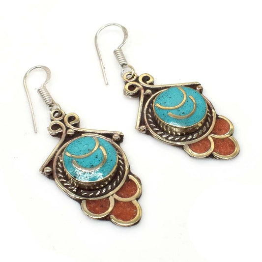 Turquoise Red Coral Gemstone Tibetan Fashion Jewelry Hook Earring 1.5" EAR-7702
