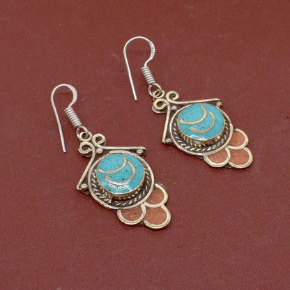 Turquoise Red Coral Gemstone Tibetan Fashion Jewelry Hook Earring 1.5" EAR-7702