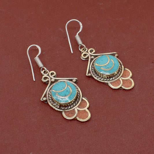 Turquoise Red Coral Gemstone Tibetan Fashion Jewelry Hook Earring 1.5" EAR-7702