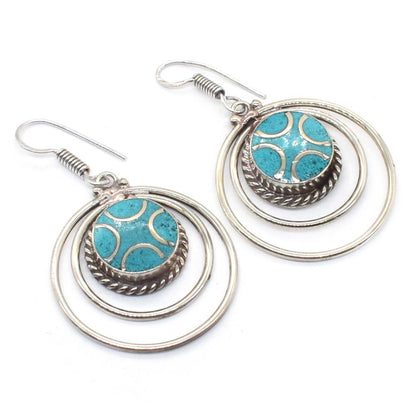 Green Turquoise Gemstone Handmade Tibetan Fashion Jewelry Earring 2" EAR-8245
