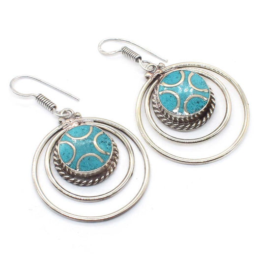 Green Turquoise Gemstone Handmade Tibetan Fashion Jewelry Earring 2" EAR-8245