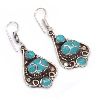 Hamsa Hand Design Turquoise Gemstone Handmade Tibetan Jewelry Earring 2" EAR-7693