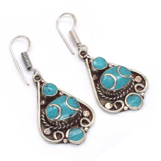 Hamsa Hand Design Turquoise Gemstone Handmade Tibetan Jewelry Earring 2" EAR-7693