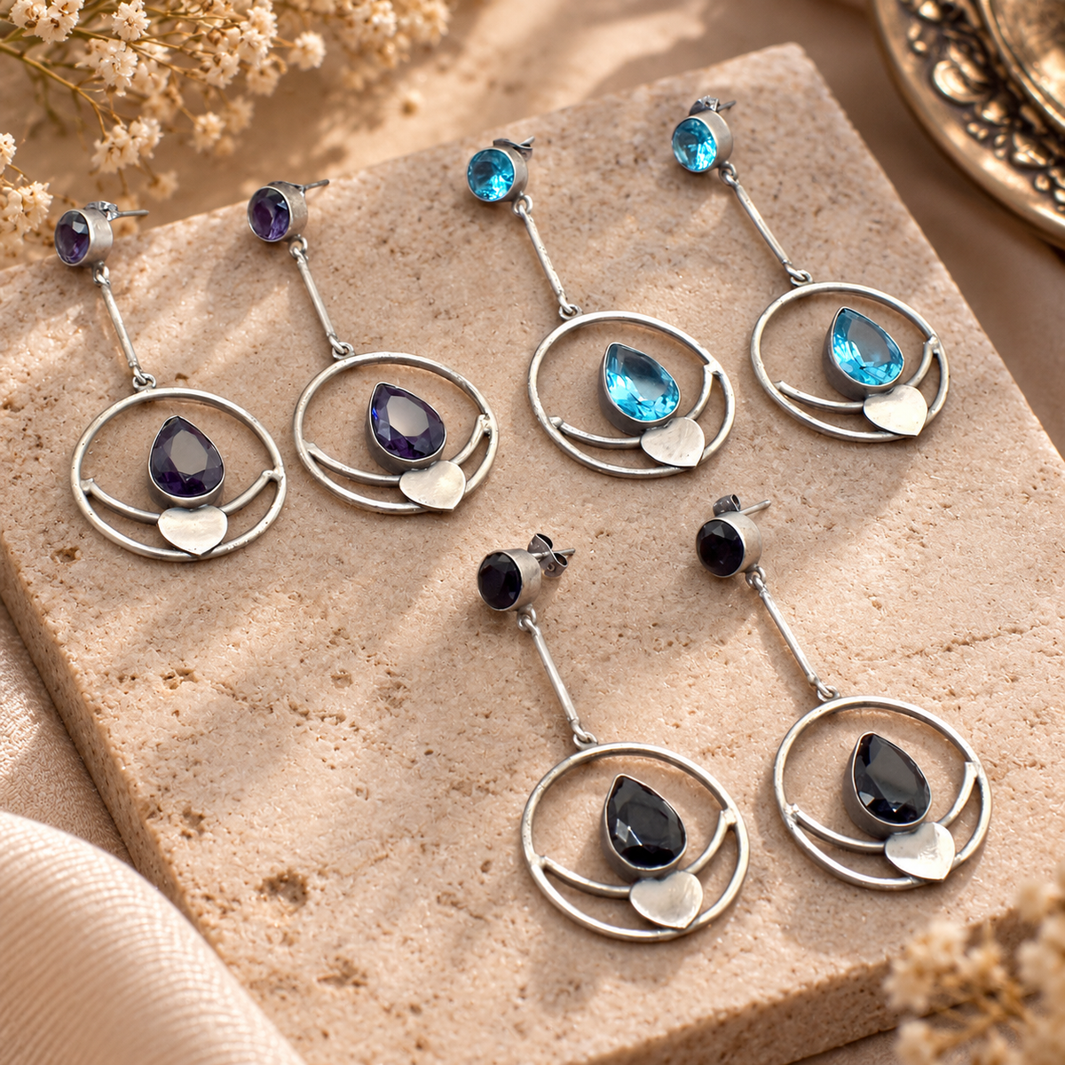 Antique Silver Earring Multi Gemstone 3 Pcs Wholesale Lot Jewelry 2.5" EAR-9430