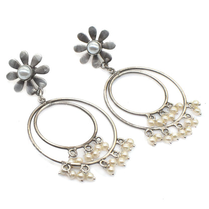 Pearl Flower Earrings Silver Tone Hoop Dangle Statement Jewelry EAR-9433